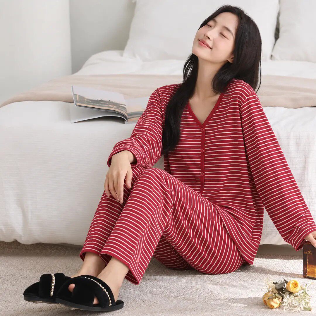 条纹V领开衫长袖长裤家居服套装