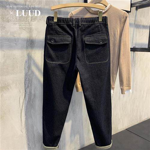 LUUD 秋冬工装复古港味牛仔裤B系带休闲小脚长裤潮男帅气薄款裤子