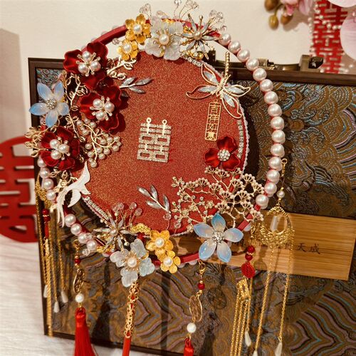 团扇新娘结婚diy材料包秀禾婚扇喜F扇婚礼扇子中式手工高级感红色