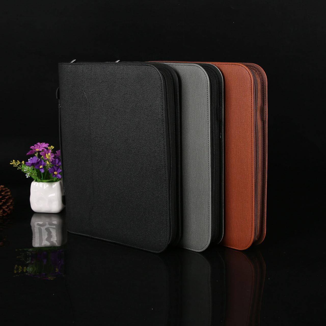 手提拉链包文件资料夹a4商务皮质谈单经理夹活页本带便签本