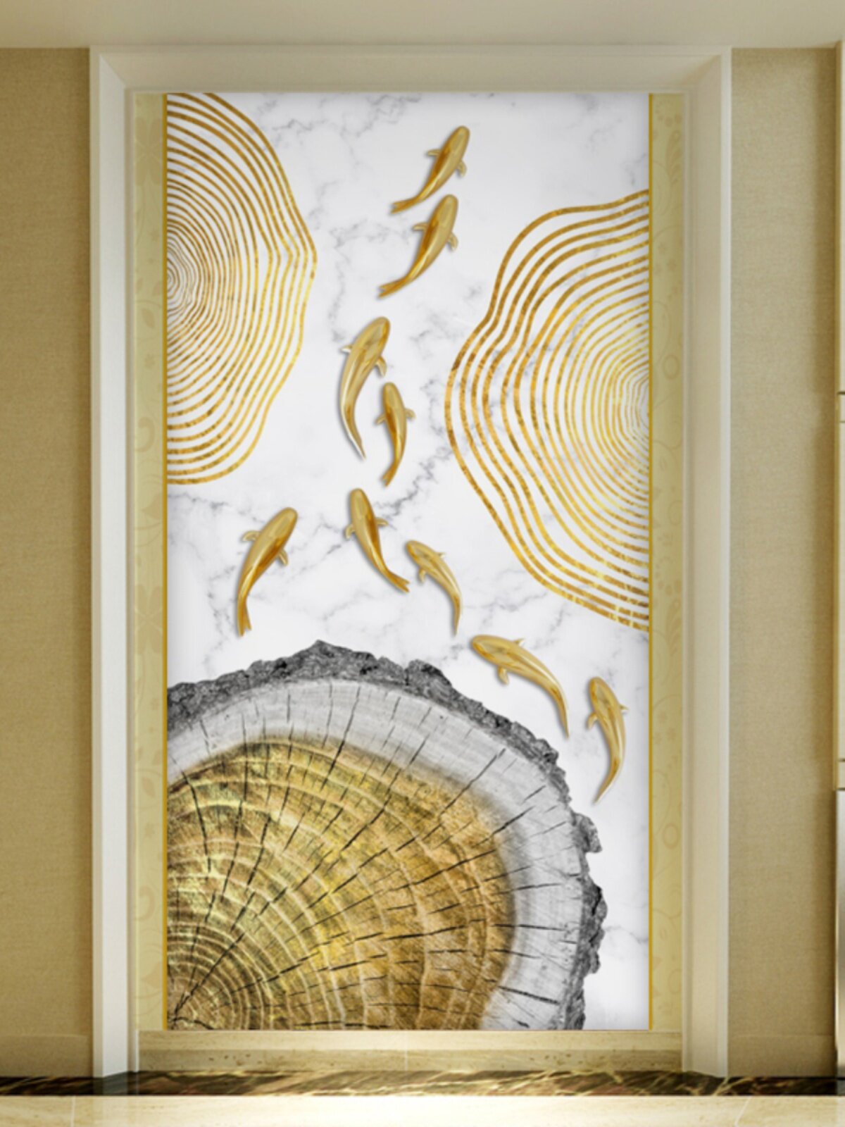 新中式九鱼图玄关背景墙壁纸装饰画竖版墙纸招财客厅进门玄幻壁画