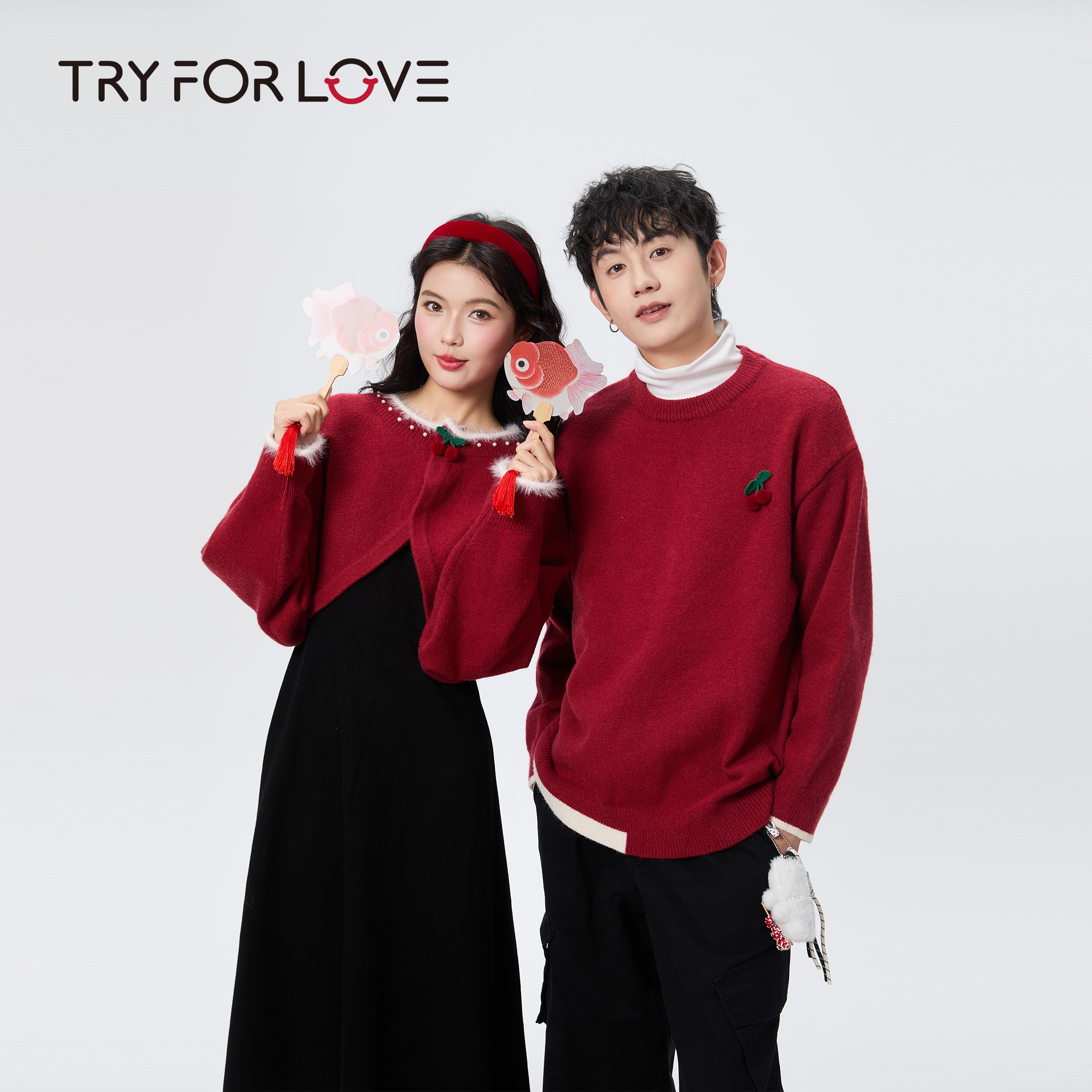 TRYFORLOVE红色喜庆情侣装毛衣外套一衣一裙冬季2025新款针织衫女