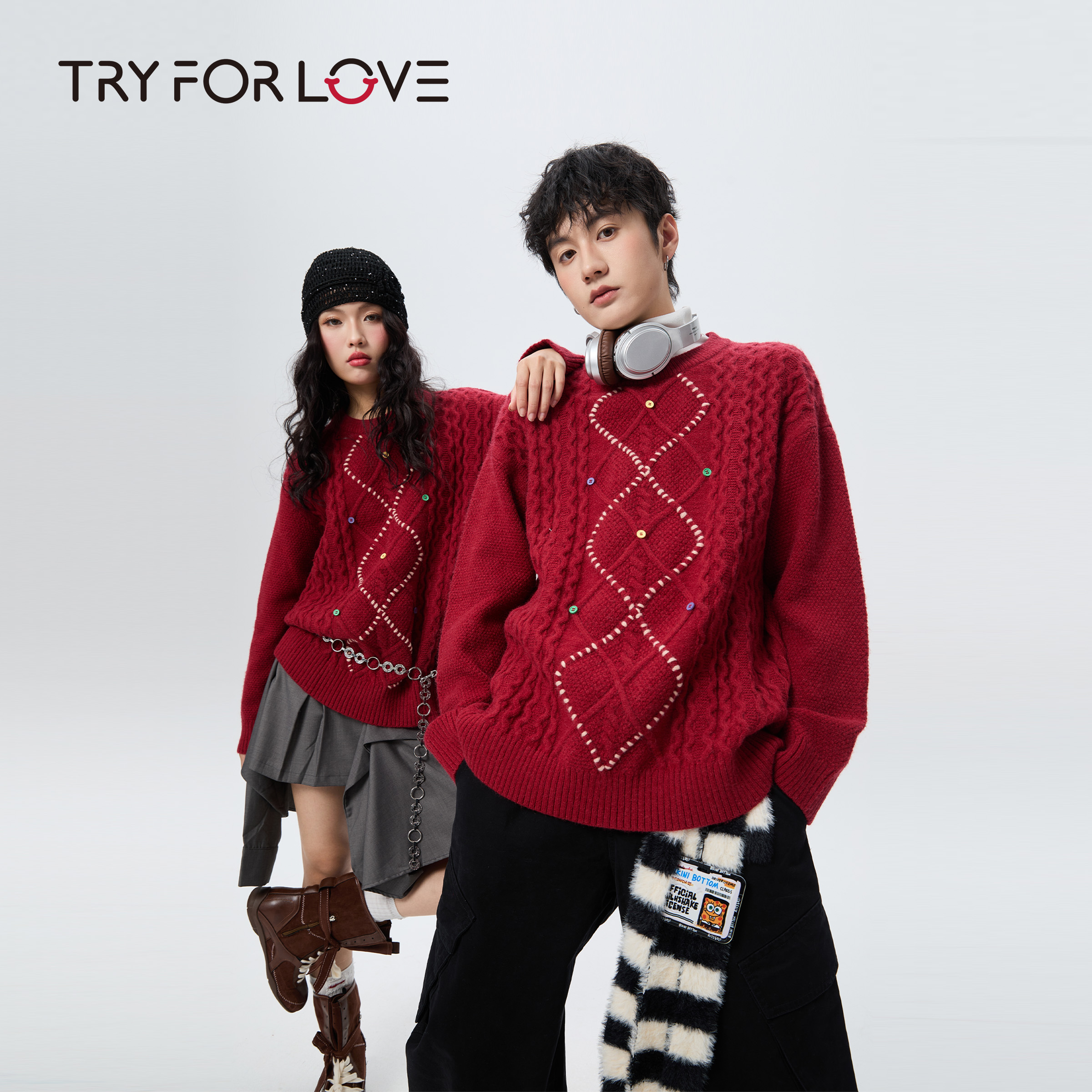 TRYFORLOVE麻花刺绣红色情侣装毛衣冬季2025新款喜庆圣诞风针织衫