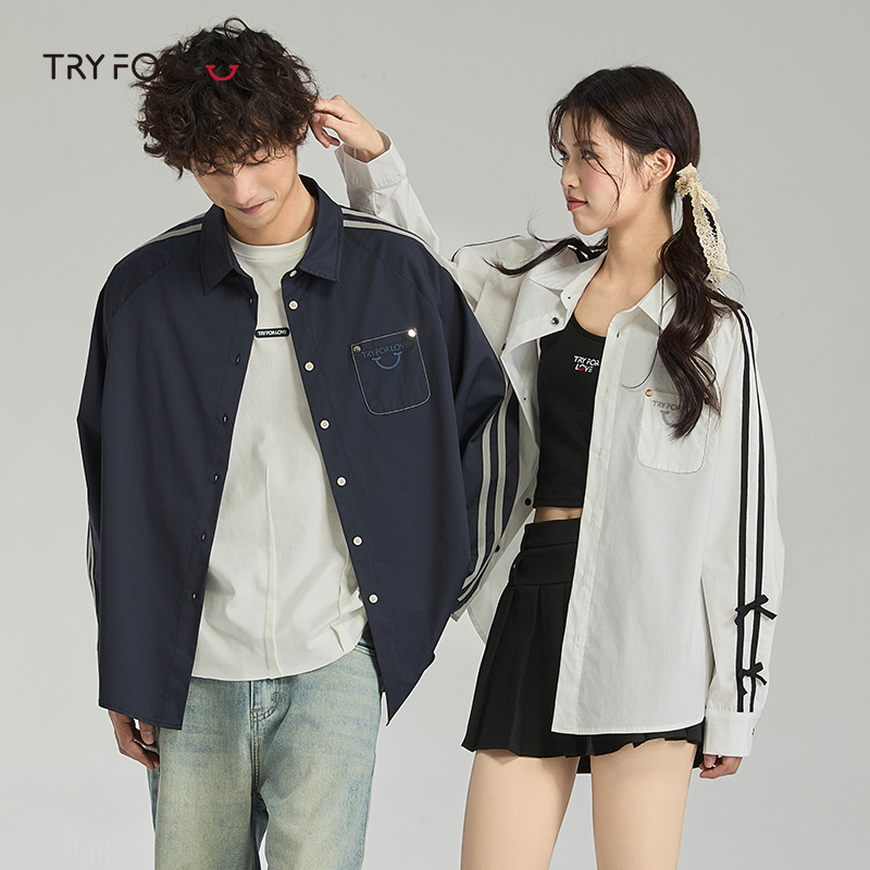 TRYFORLOVE情侣装撞色条纹长袖衬衫男女2025春秋新款休闲衬衣外套