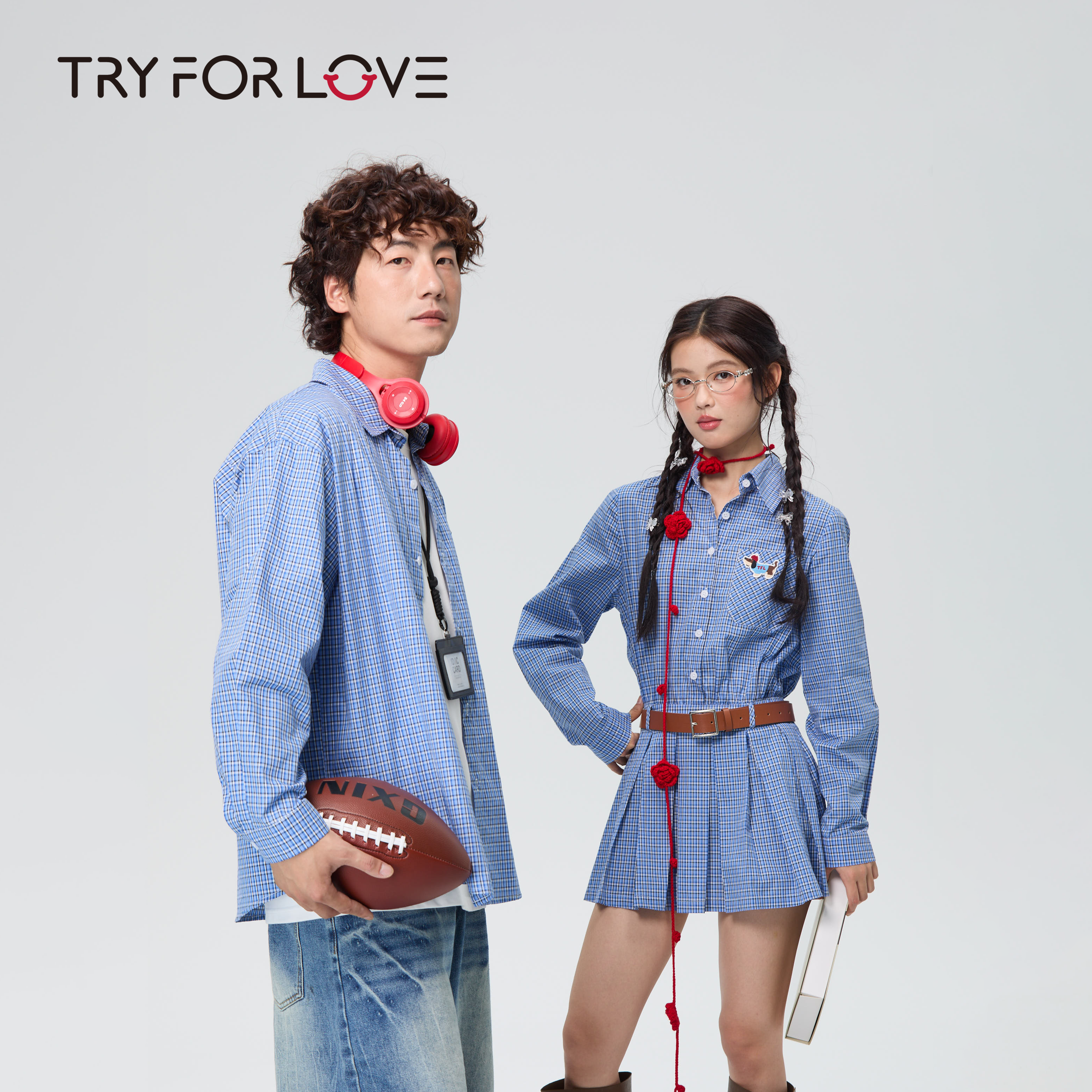 TRYFORLOVE格子翻领情侣装一衣一裙春秋款宽松衬衫连衣裙2025新款