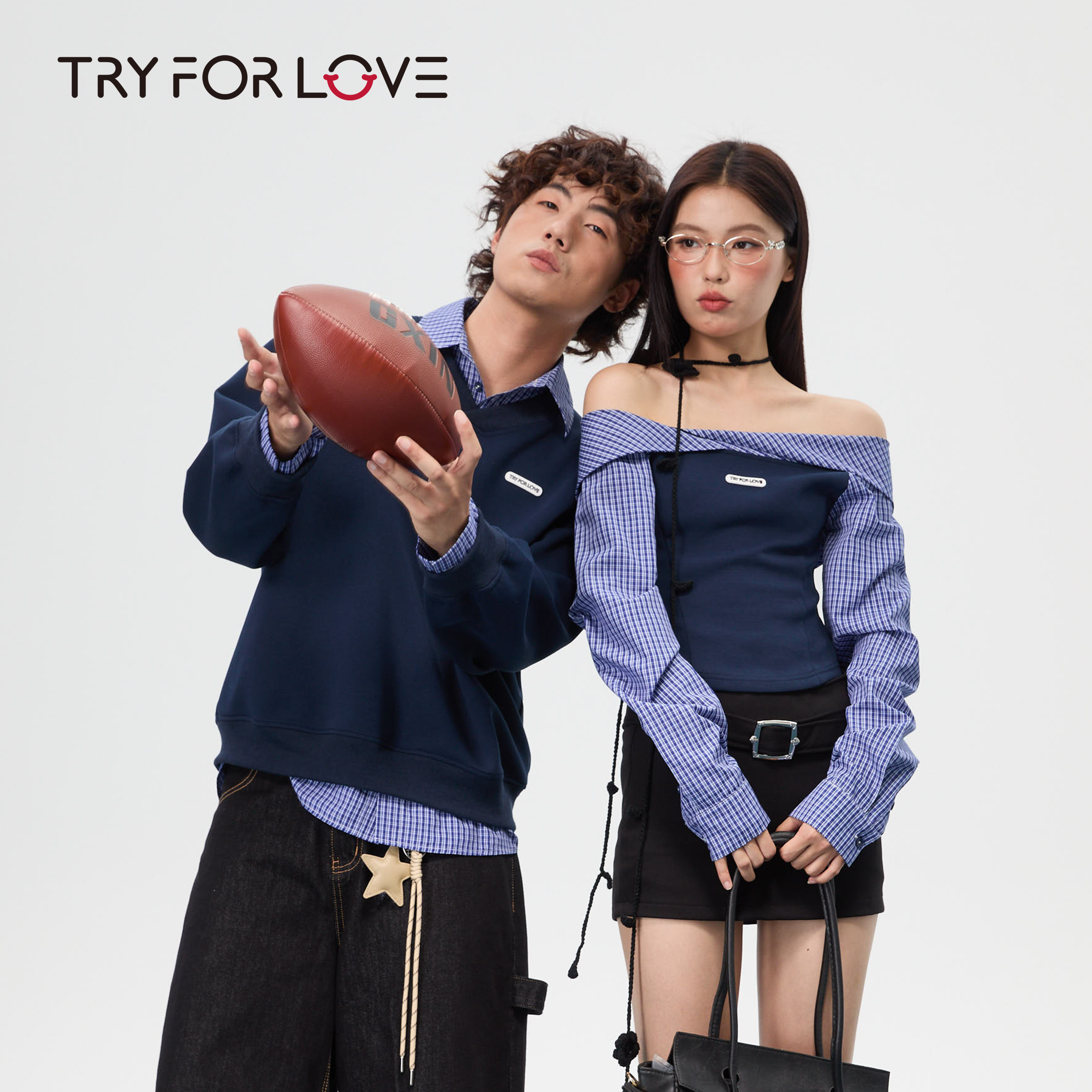 TRYFORLOVE假两件格子露肩情侣装卫衣春秋款一字肩修身时尚上衣女