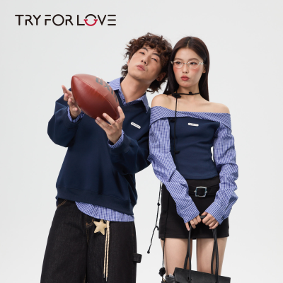 TRYFORLOVE假两件格子露肩情侣装卫衣春秋款一字肩修身时尚上衣女