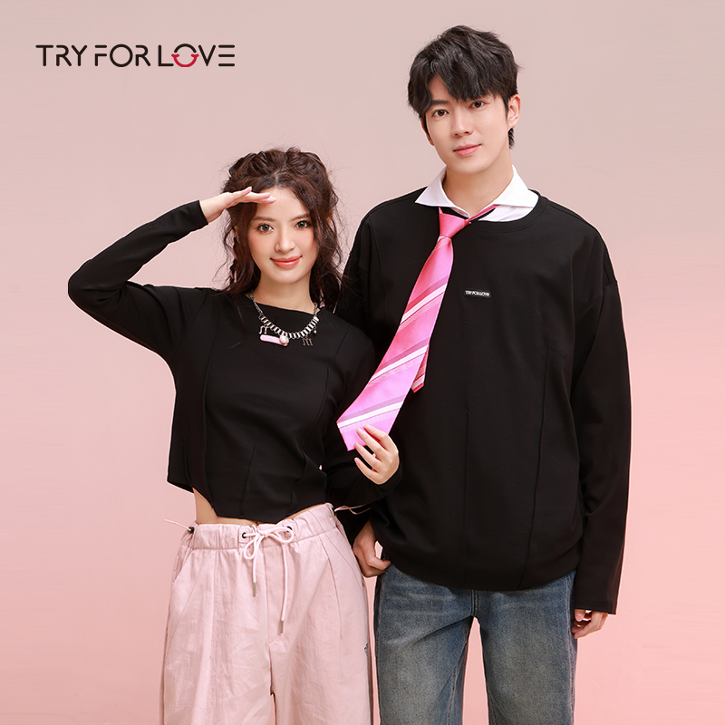 情侣t恤长袖tryforlove一长一短