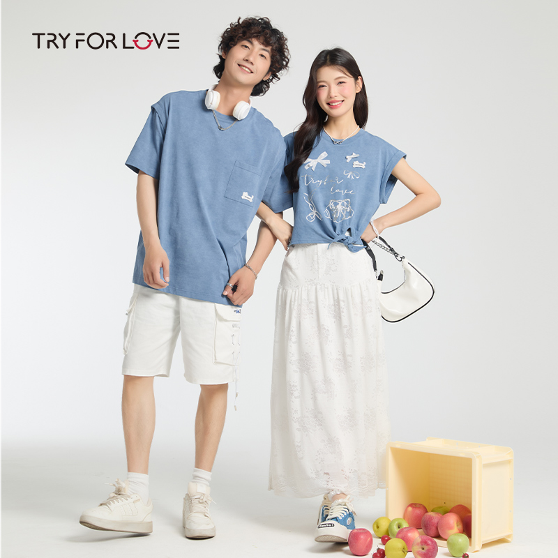 TRYFORLOVE情侣装简约宽松短袖t恤男女2025夏季新款一长一短上衣