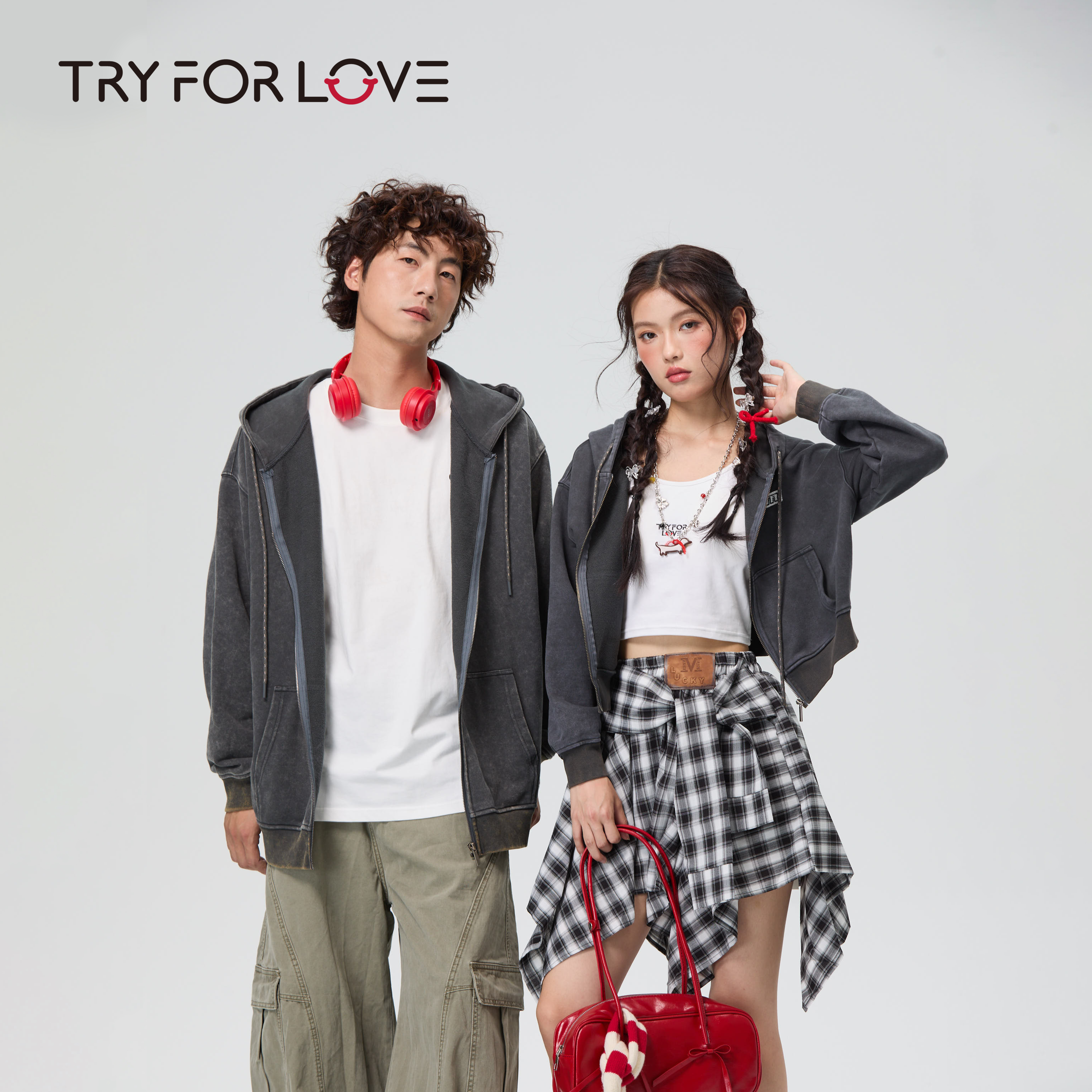 TRYFORLOVE水洗做旧连帽情侣装卫衣2025新款春秋季一长一短外套女