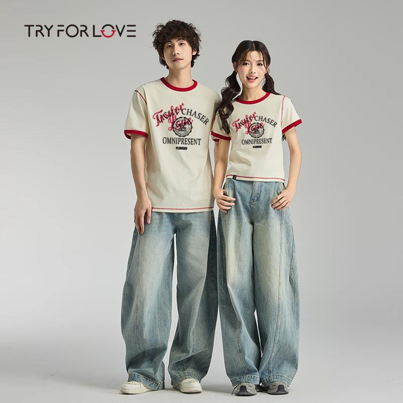 TRYFORLOVE圆领宽松美式潮牌情侣装t恤短袖夏季2025新款插肩半袖