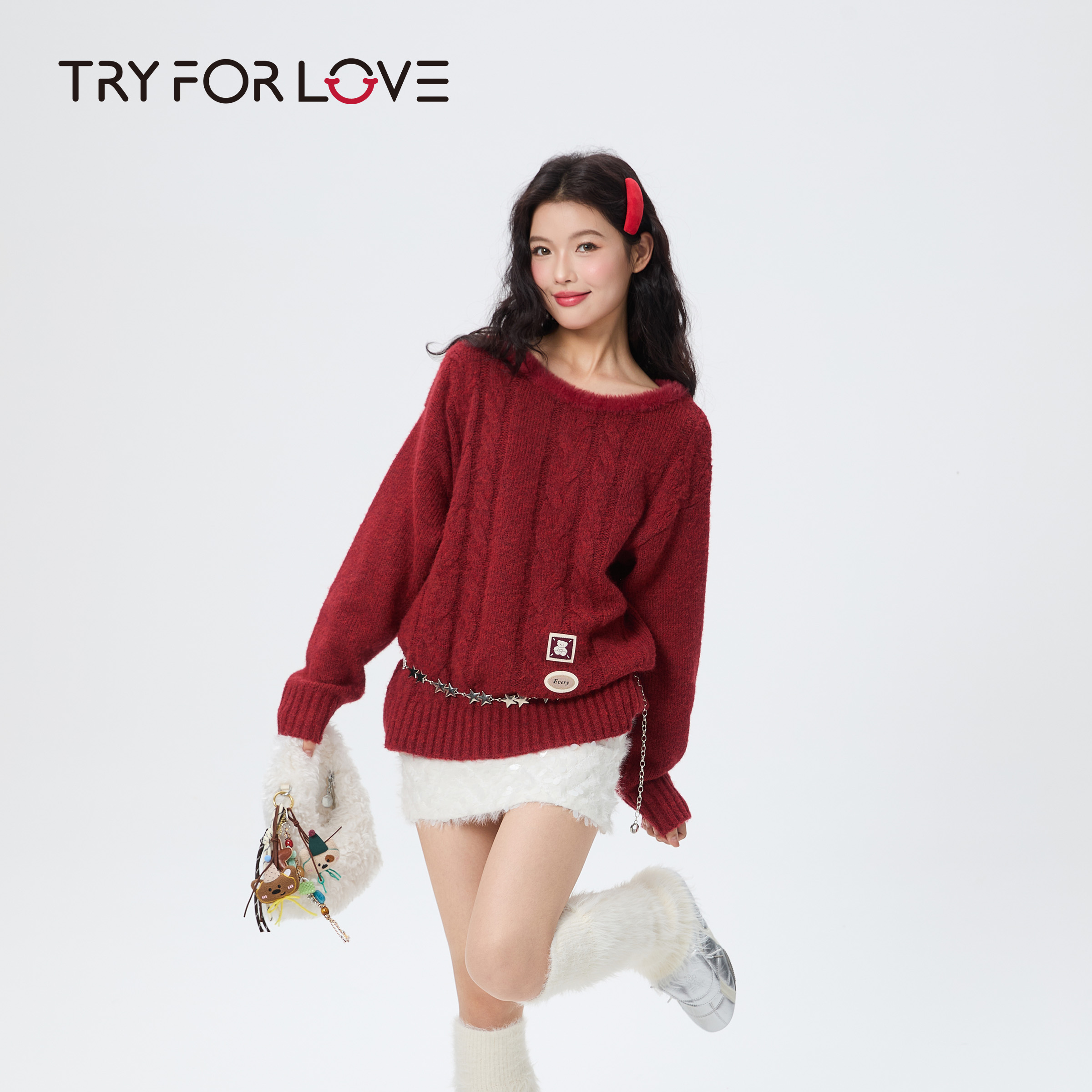 TRYFORLOVE红色本命年喜庆针织衫毛衣冬季毛绒保暖高级感过年上衣