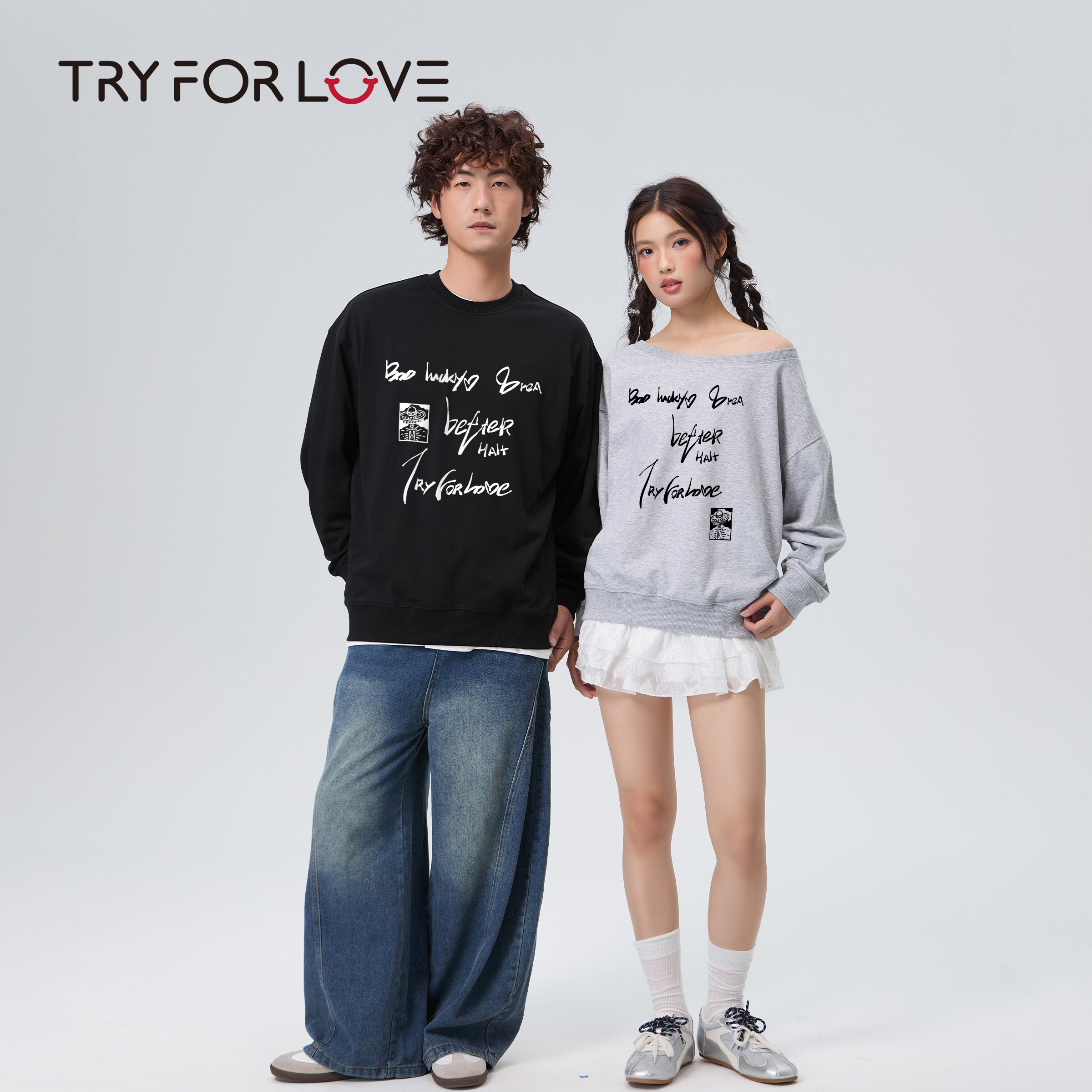 TRYFORLOVE美式字母斜肩情侣装卫衣2025新款秋季宽松百搭露肩上衣