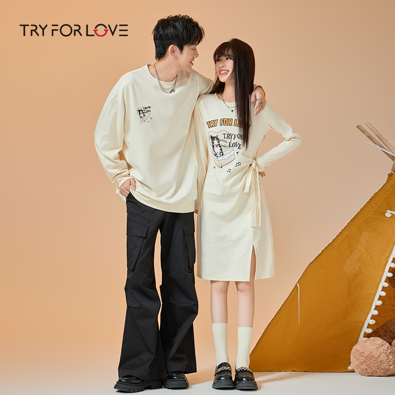 tryforlove【两件价】一衣一裙情侣装爱乐小猫连衣裙2024秋季秋装