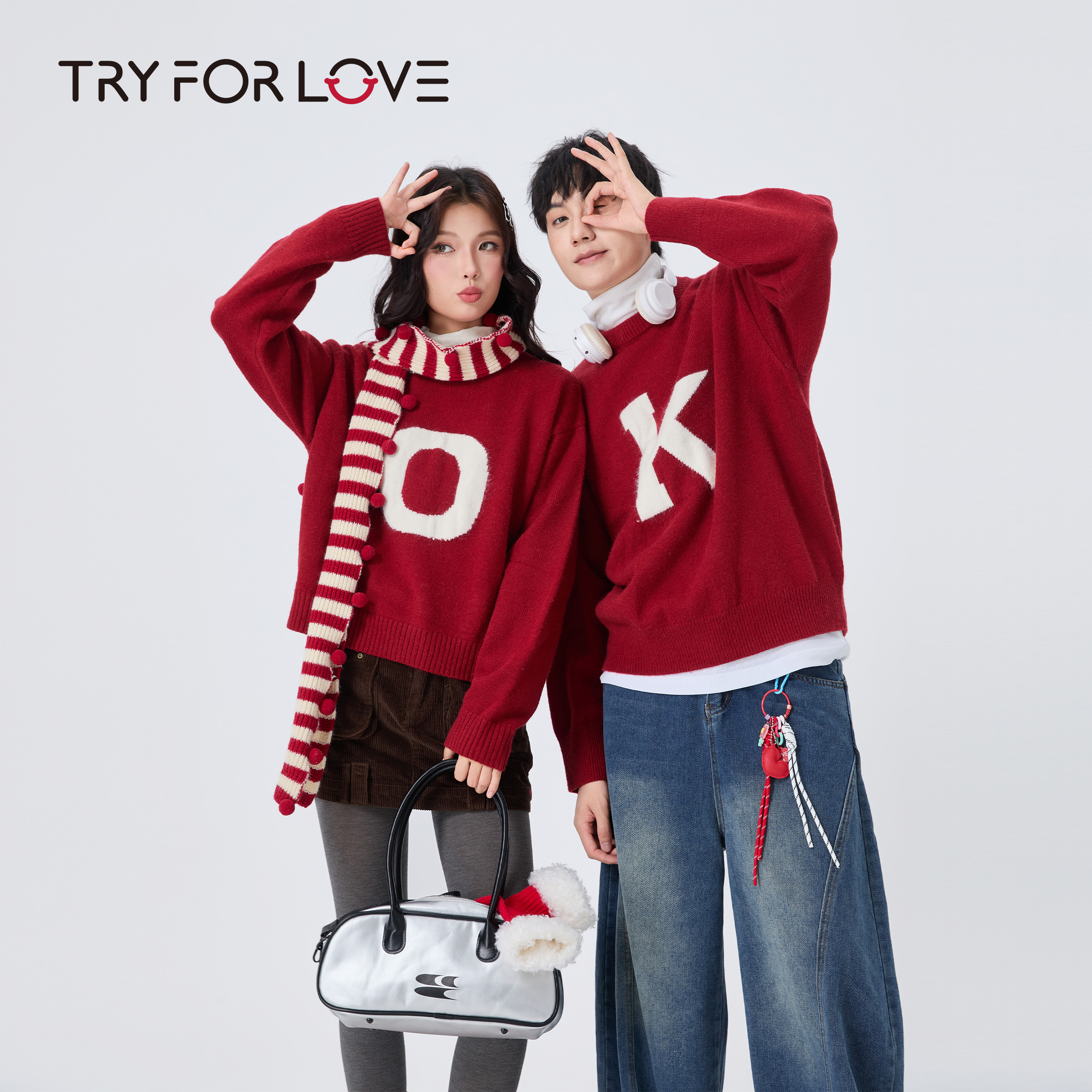 TRYFORLOVE过年红色喜庆情侣装毛衣秋冬季2025新款一长一短针织衫