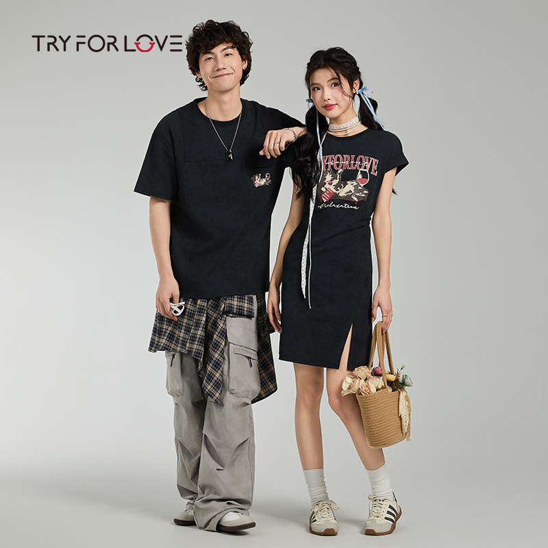 TRYFORLOVE情侣装夏季简约休闲短袖T恤连衣裙女2025新款一裙一衣