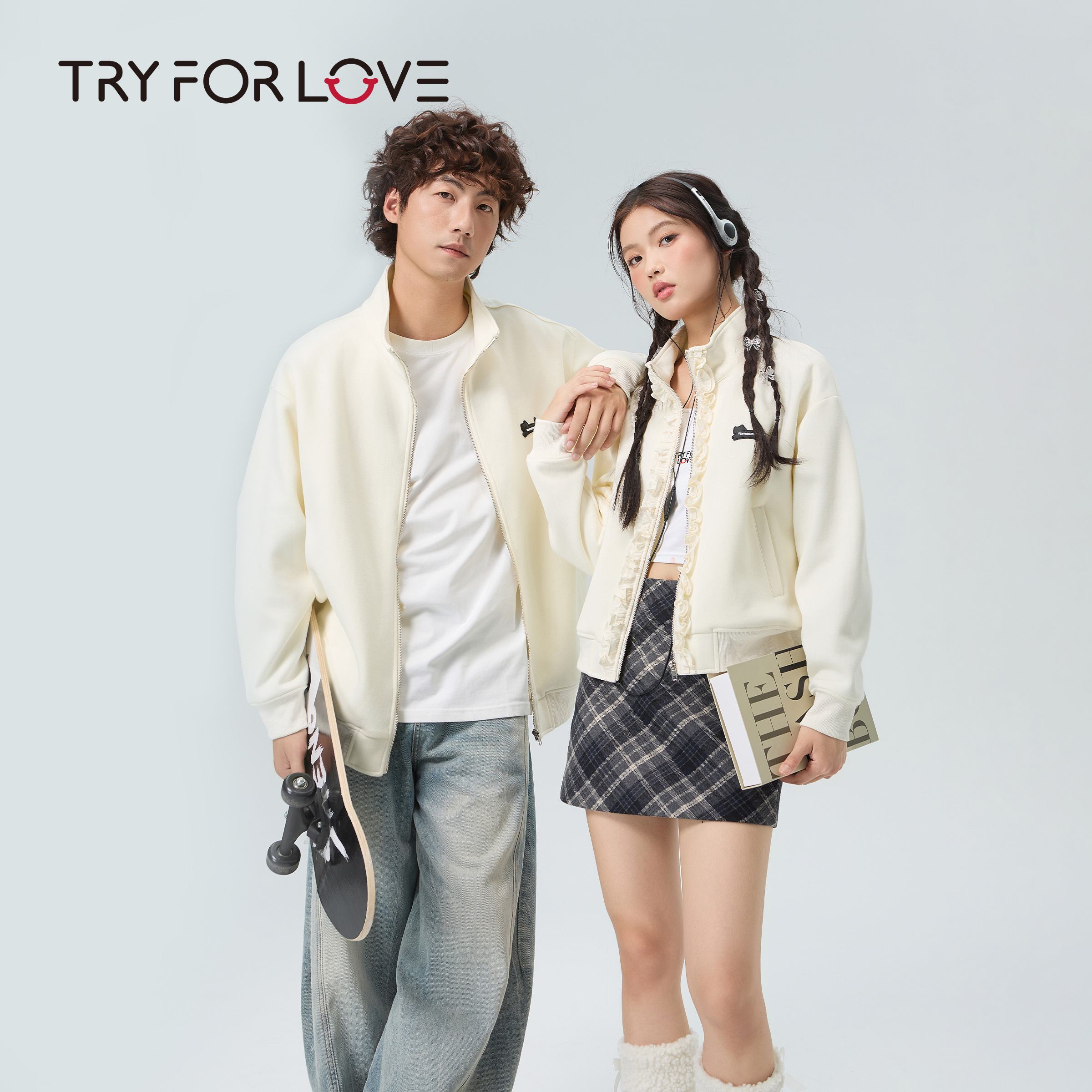 TRYFORLOVE学院风立领花边情侣装夹克外套2025秋季一长一短上衣女