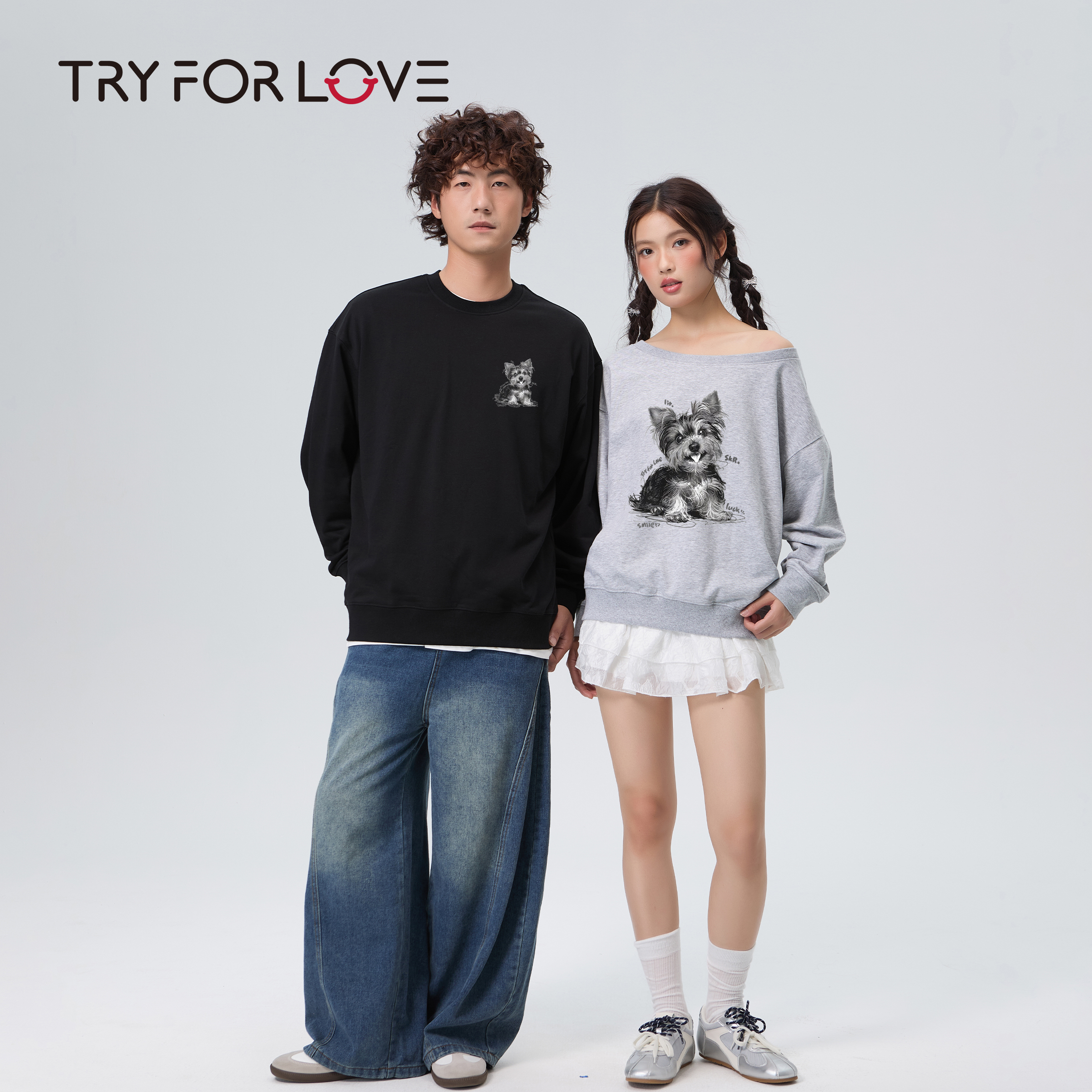 TRYFORLOVE潦草狗斜肩情侣装卫衣春秋款2025新款宽松百搭时尚上衣