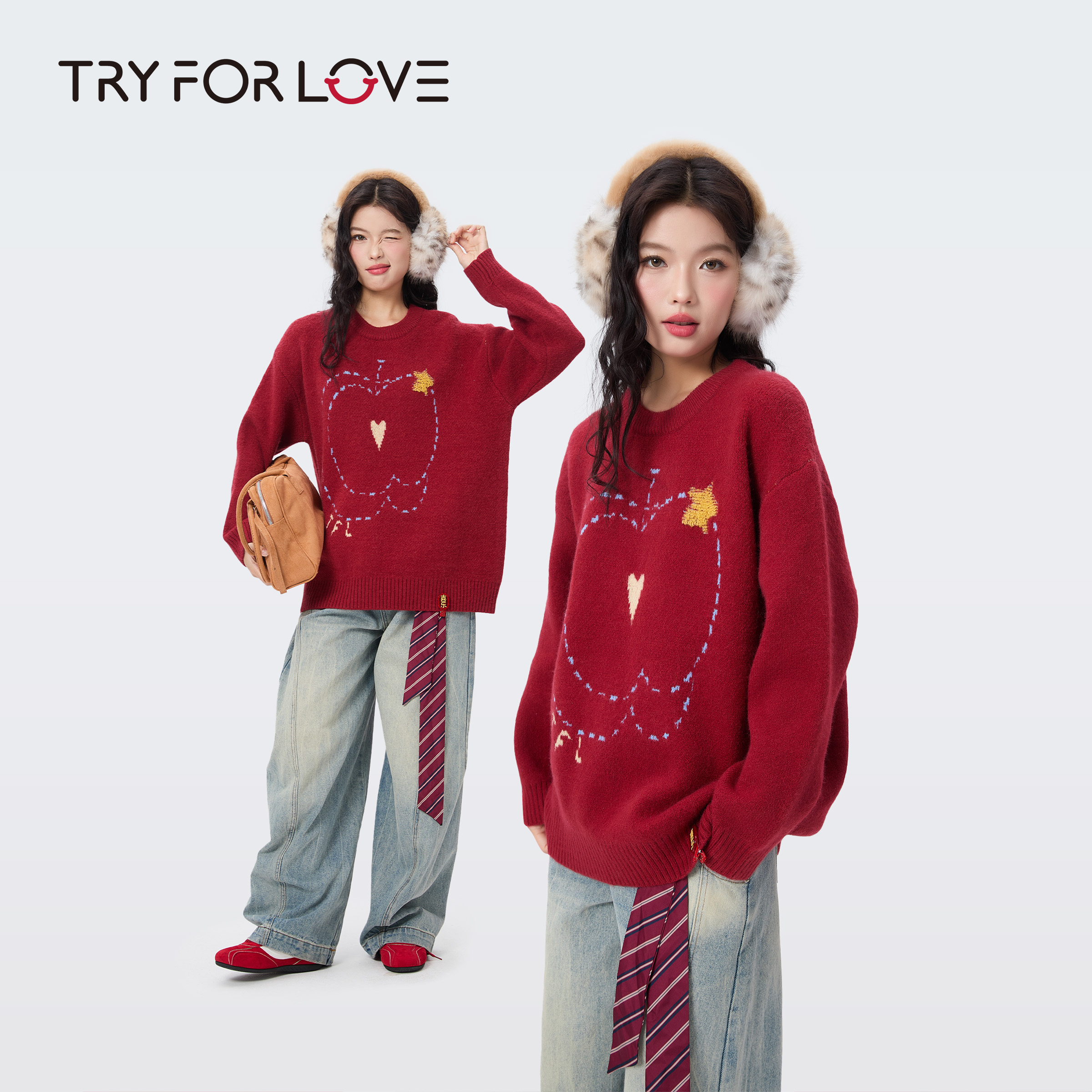 TRYFORLOVE苹果针织刺绣新年红色喜庆高级感毛衣冬季宽松过年上衣