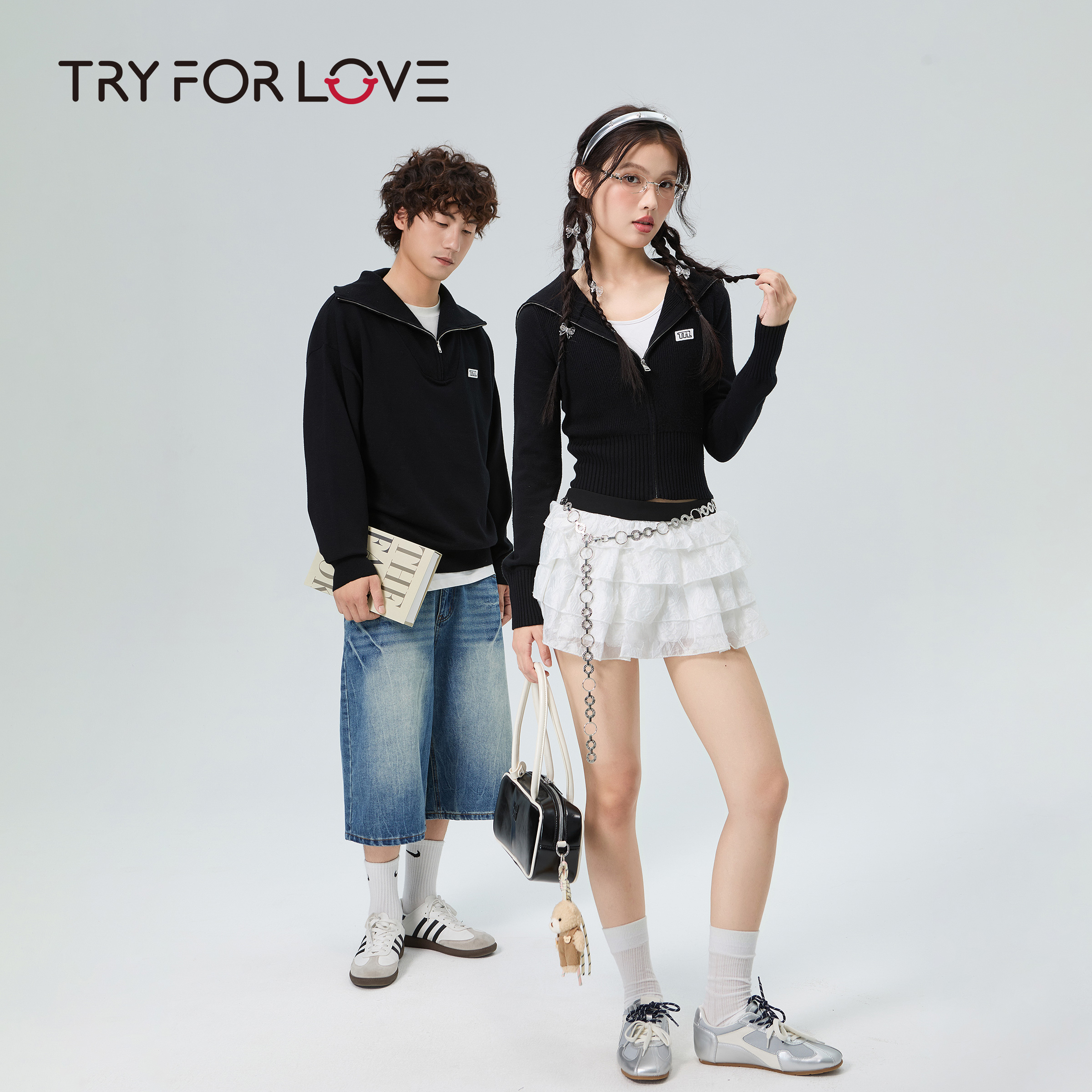 Tryforlove情侣装海军领设计开衫毛衣男女2025秋新款简约一长一短