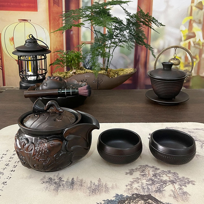 建水紫陶莲蓬鱼戏荷花手抓壶大容量满雕泡茶壶一壶二杯全手工茶壶