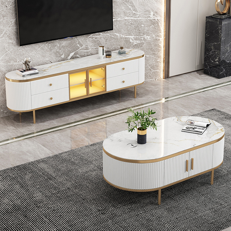 现货茶几电视柜现代简约客厅家用岩板茶几椭圆形茶桌家具视听柜