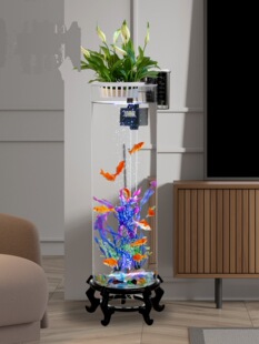 新款客厅落地圆柱形过滤充氧玻璃鱼缸养鱼水培一体带灯光充氧底座