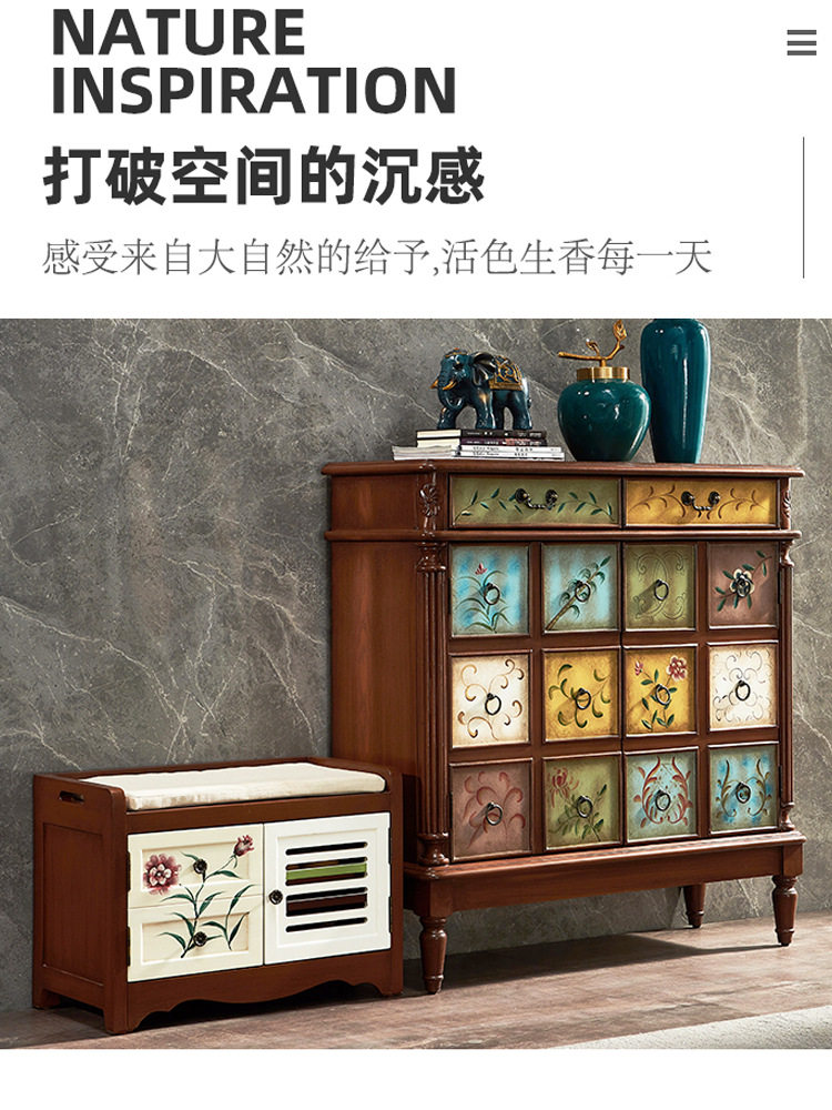 至高美式鞋柜换鞋凳子组合复古彩绘家具大容量鞋架可调节隔板批发