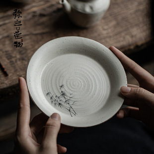 弥言诧寂风粉引干泡壶承复古手绘墨竹盖碗茶壶垫茶点盘粗陶小茶盘