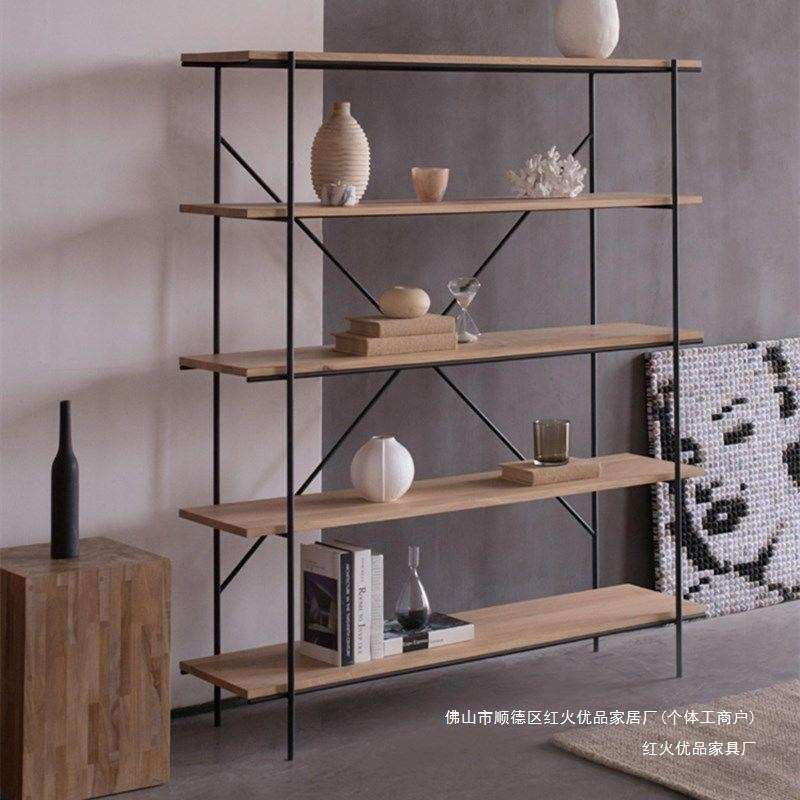 美式复古实木书架书柜工业风置物架落地多层收纳储物架铁艺展示架