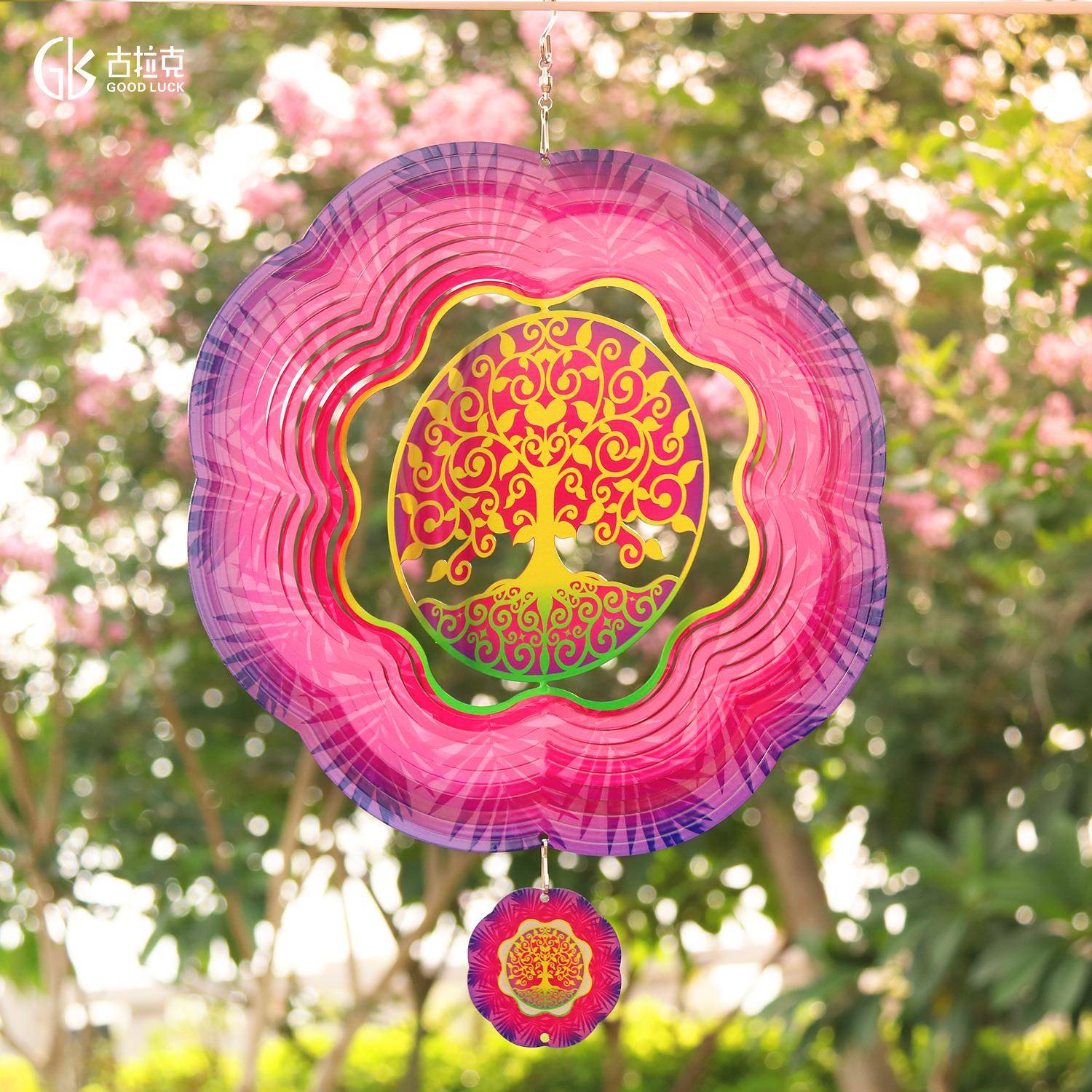跨境电商厂家3D旋转风转风铃花园装饰12寸庭院生命之树挂饰