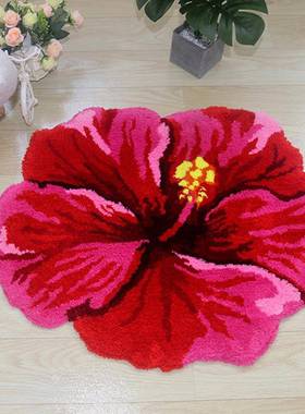 家用创意红色扶桑花毛绒地毯客厅地垫时尚卧室床边地毯现货