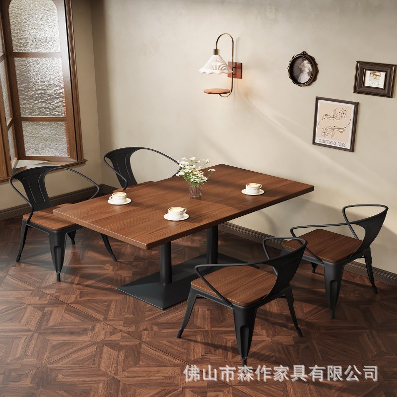 中古风铁艺实木咖啡厅饭店餐厅面馆酒吧西餐厅酒店商用餐桌椅组合