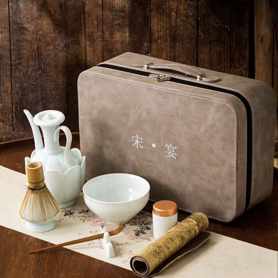 意叁手作复古湖田窑影青瓷中式执壶温碗茶筅笠宋代点茶器套组