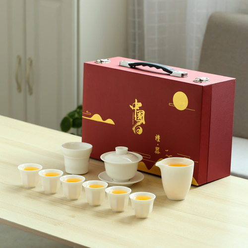 德化羊脂玉茶具套装商务办公礼品白瓷三才盖碗简约茶杯茶器可logo