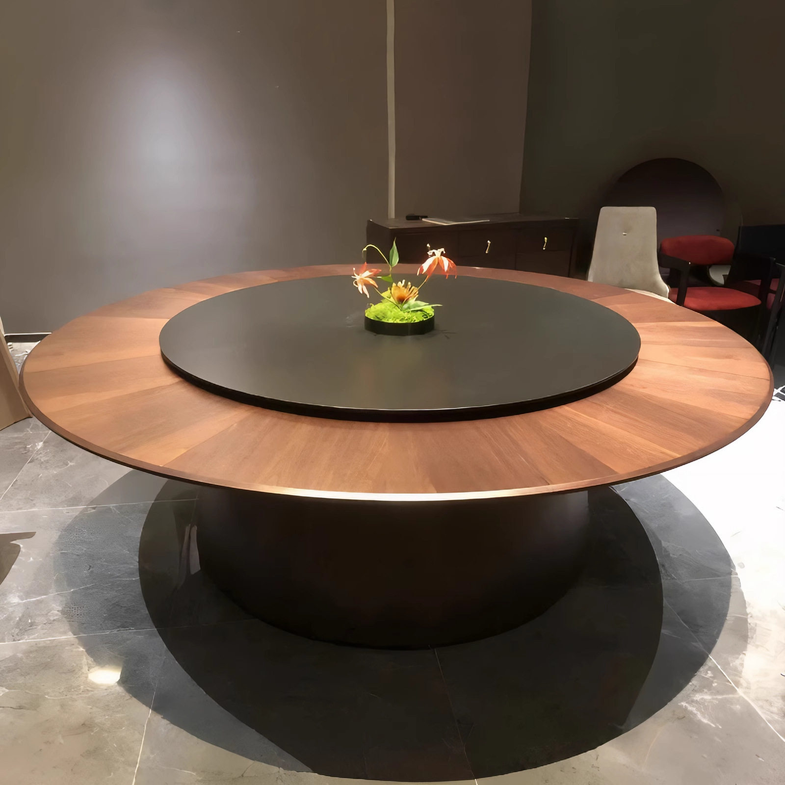 酒店电动大圆桌2米3米餐桌饭店餐厅包厢会所新中式实木转盘15人20