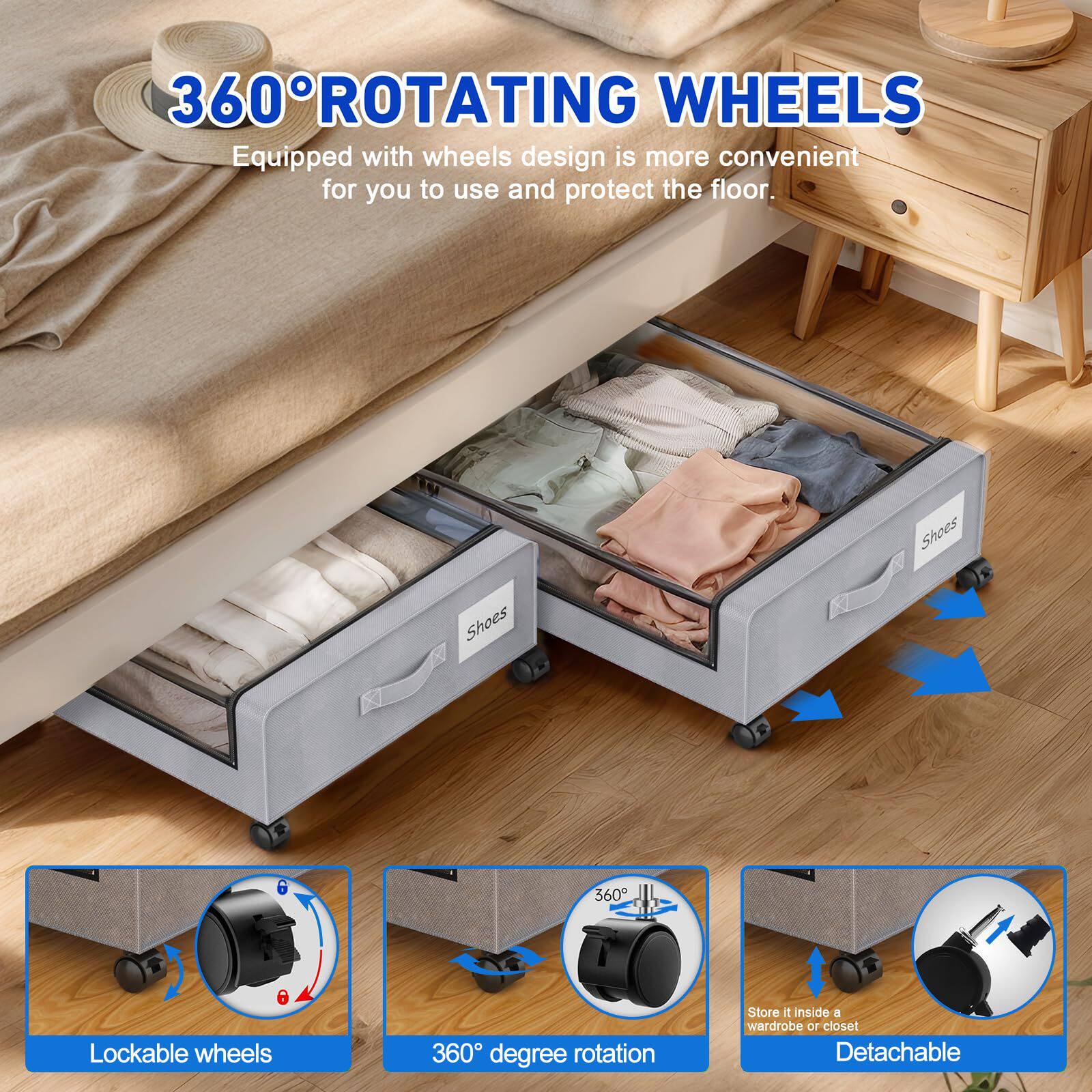 带轮子的床下储物盒 4 件装床下储物容器 带透明盖床下储物收纳箱