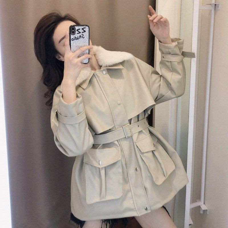 皮衣外套女中长款冬2023年新款韩版宽松棉服加绒加厚机X车PU皮夹