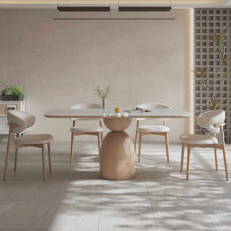 ft奶油风岩板餐桌椅组合长方形哑光纯白家用简约北欧白蜡木实木餐