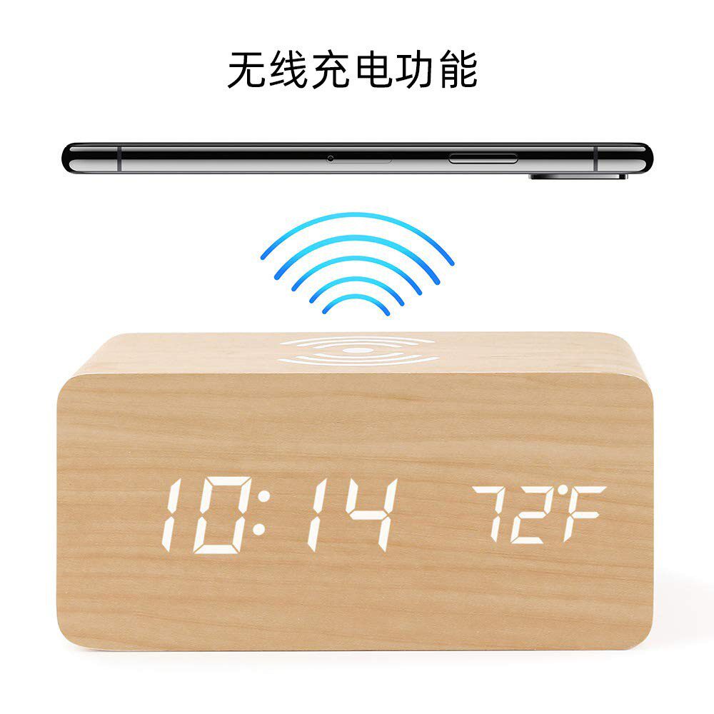 闹钟木头钟led数字多功能闹钟无线充电木质儿童床头温度款pvc批发