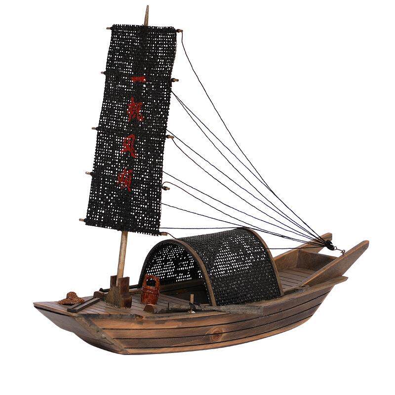 刺杉木手工船模33x9x31cm实木仿真模型古典雕刻工业水乡古船