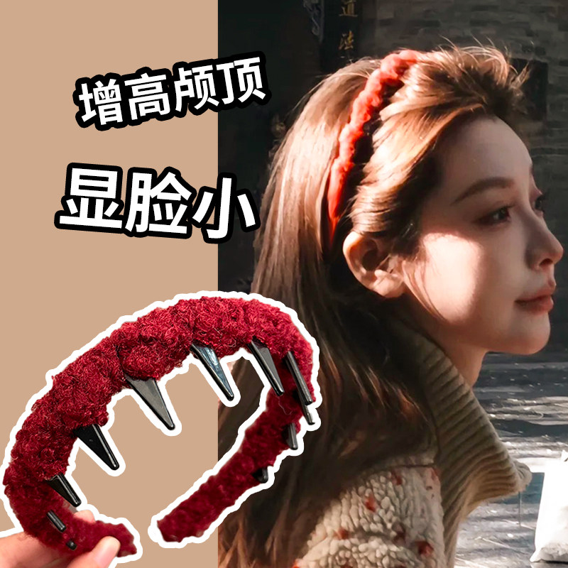 圣诞红色毛绒波浪发箍女款日常外戴发卡高颅顶带齿防滑新年红头箍