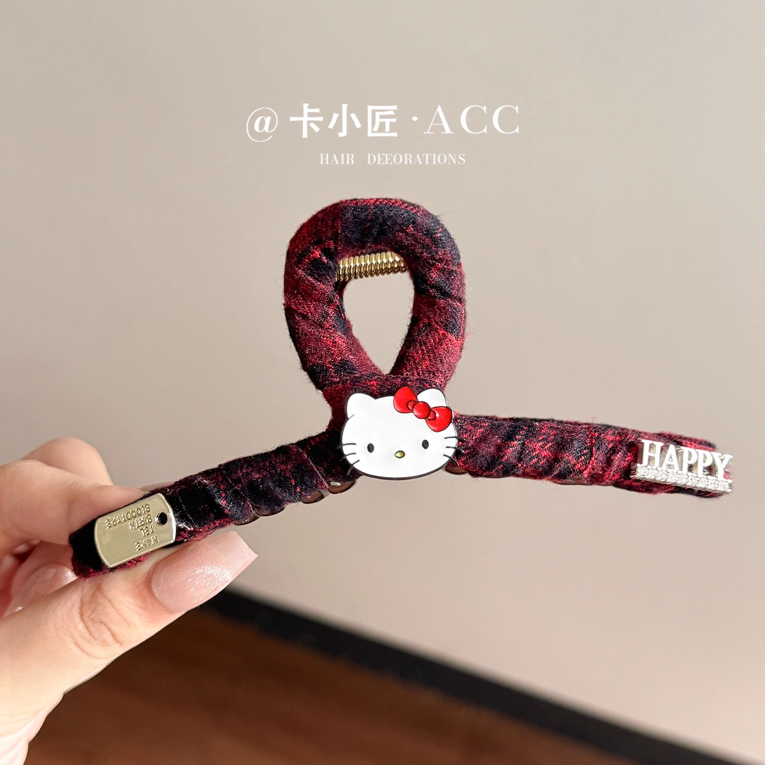 红色格子TK猫抓夹女2024新款发饰