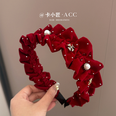 新年红色发箍女复古丝绒珍珠头箍