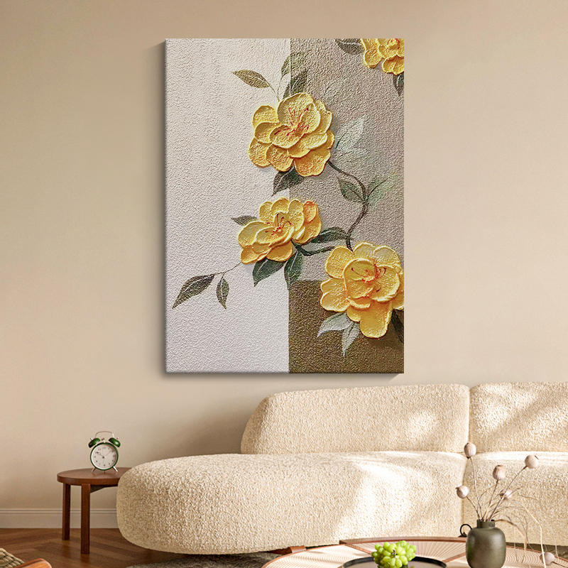 立体黄色牡丹花卉纯手绘油画奶油风玄关肌理装饰画客厅砂岩挂画图片