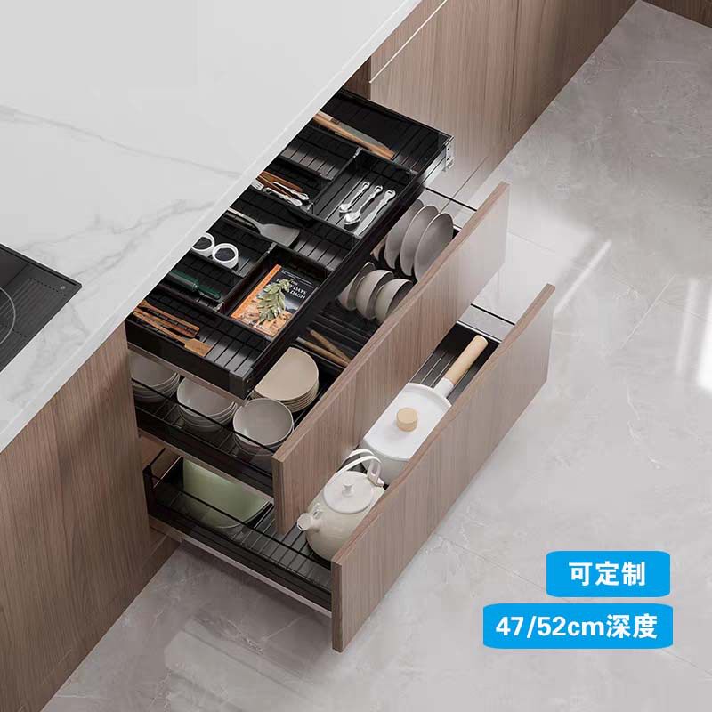 铝合金橱柜拉篮碗厨房工具抽分隔盘三层碟锅具收纳置物架 黑色