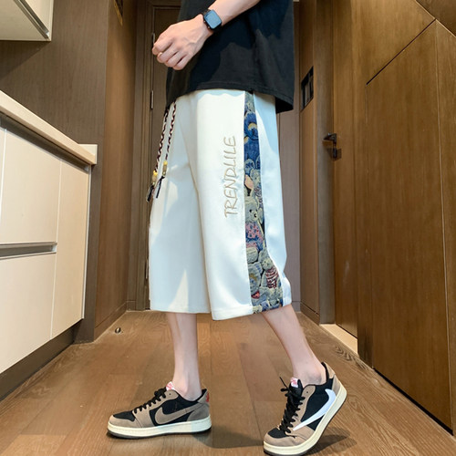 短裤美式休闲运动七分裤男夏季薄款宽松直筒八分马裤潮牌大0616d