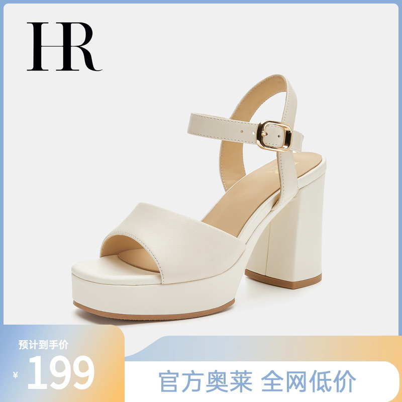 HR头层牛皮女鞋2024年夏季新款一字带罗马凉鞋女粗跟露趾超高跟鞋
