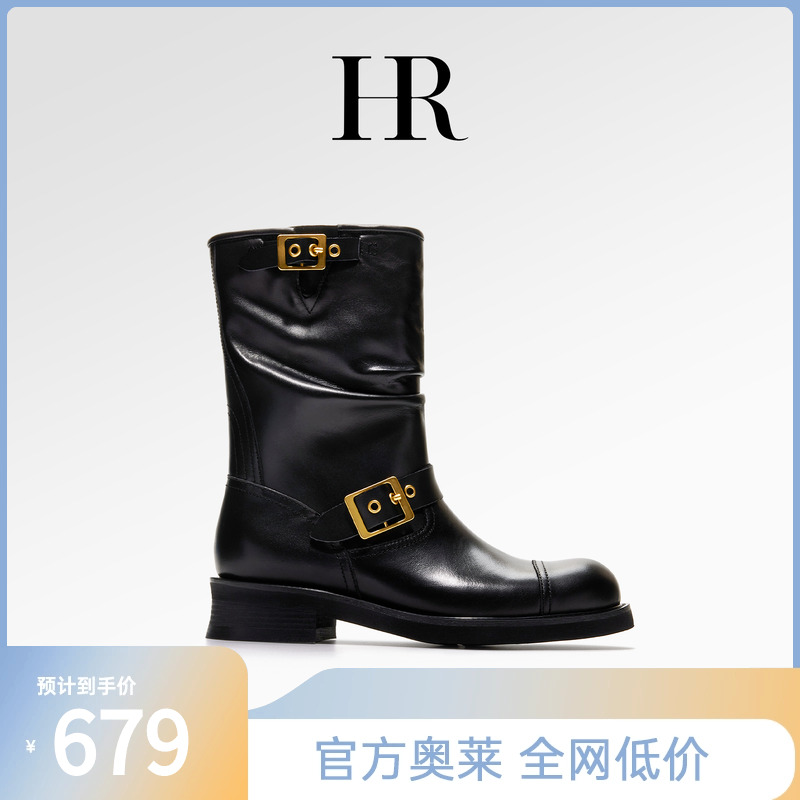 HR赫莲娜时装靴女2024新款西部靴百搭马丁靴厚底骑士靴牛皮中筒靴