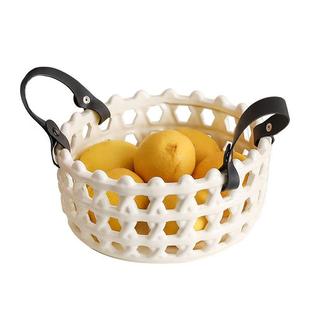 创意款轻编制果篮奢陶瓷果篮家用新客厅茶几摆件提篮果盘高镂档空